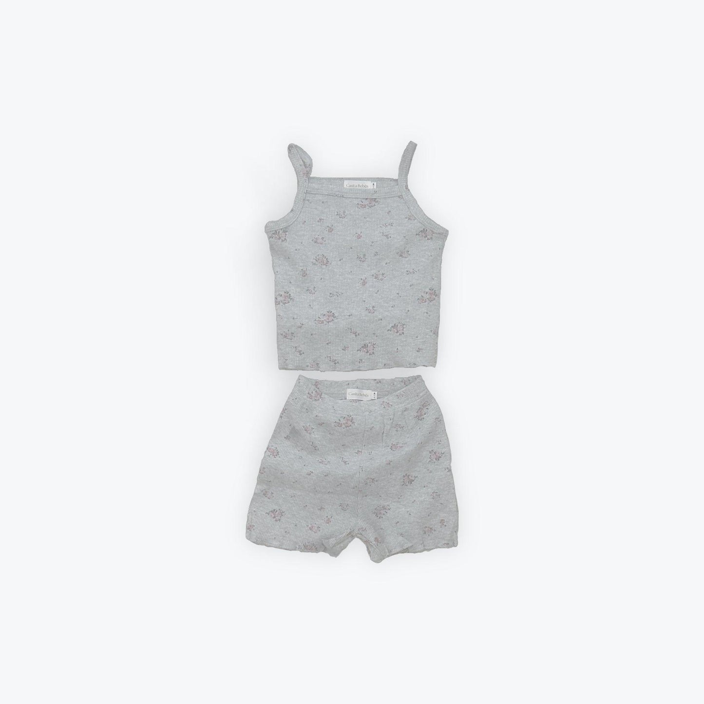 Organic gray baby sleepwear set with subtle print, certified organic cotton by Casita Bebes.
