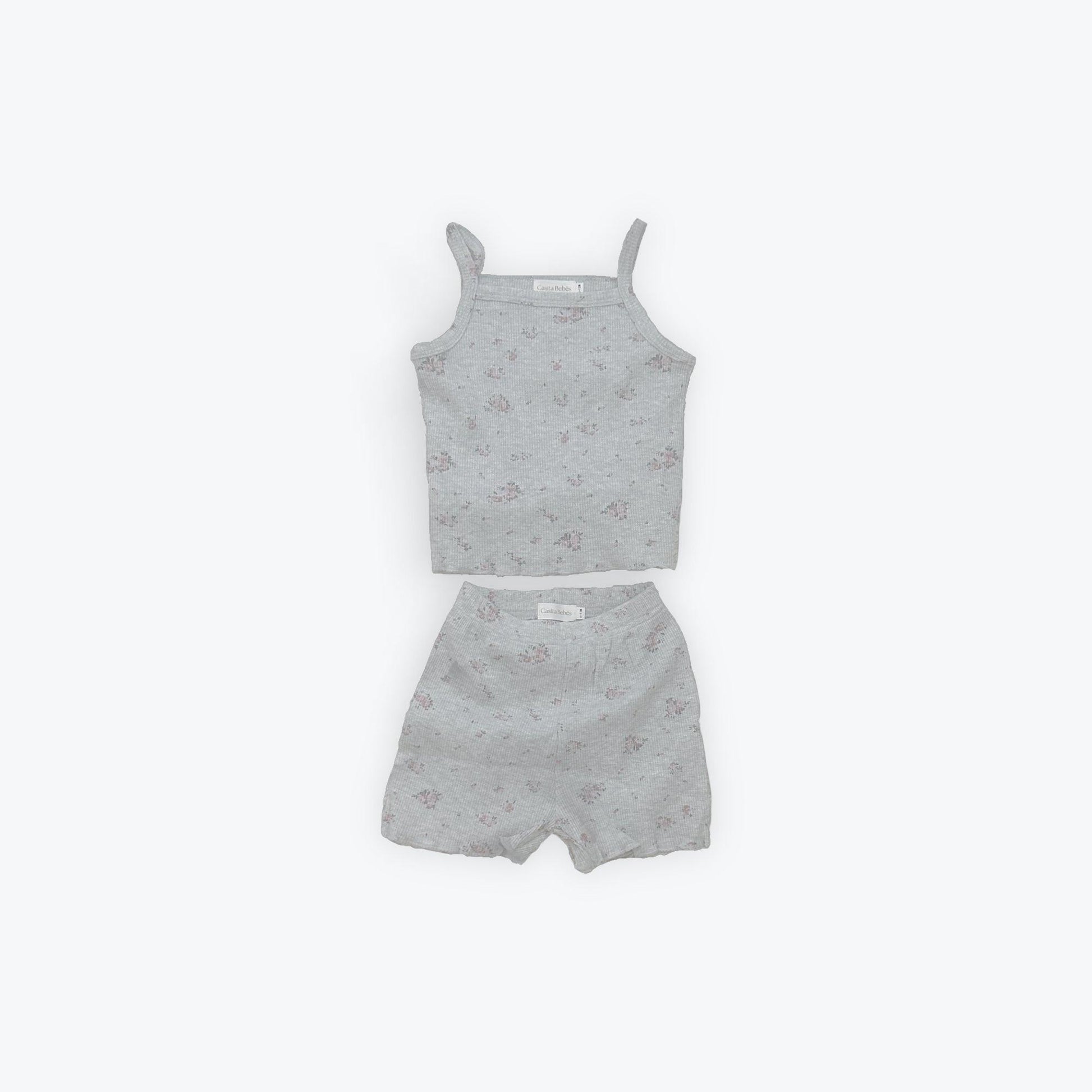 Organic gray baby sleepwear set with subtle print, certified organic cotton by Casita Bebes.