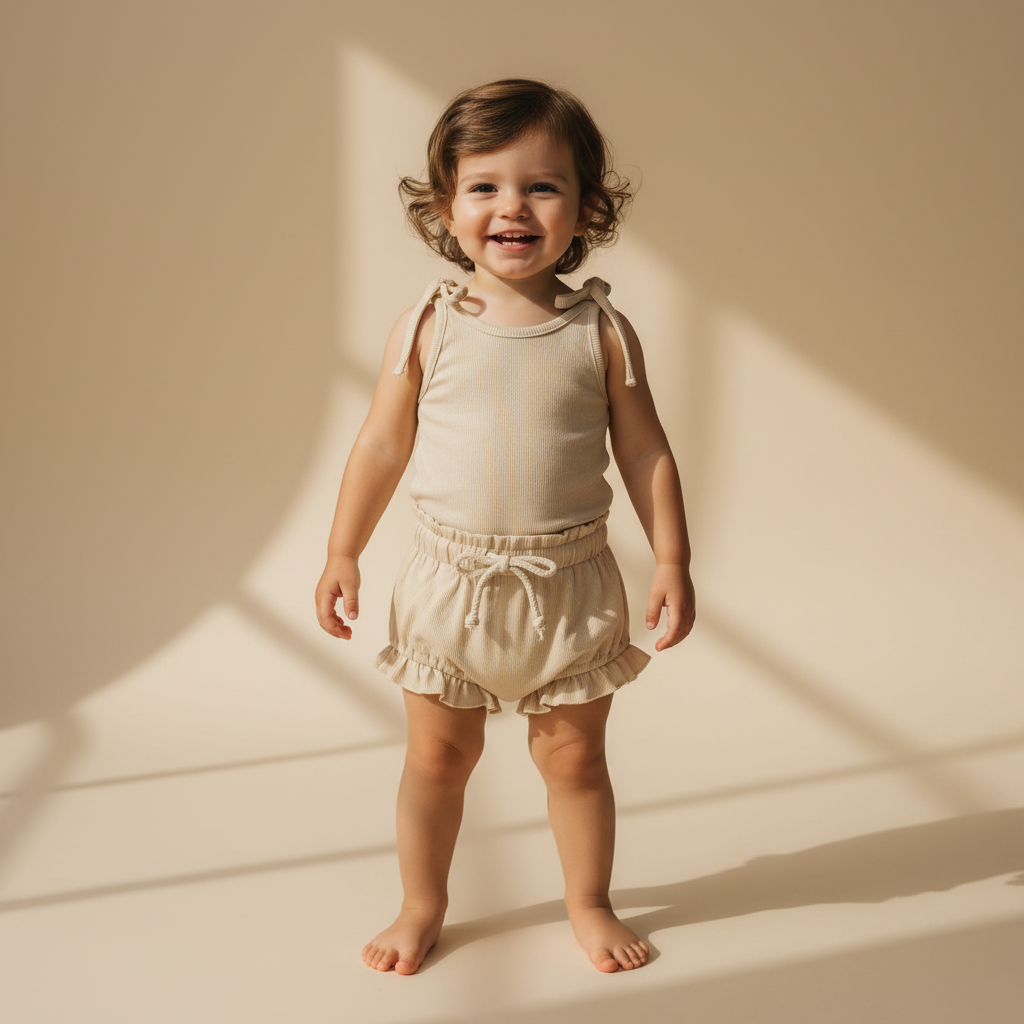 Toddler wearing organic Mamīa Monti singlet and matching ruffled shorts, certified organic baby clothing by Casita Bebes.