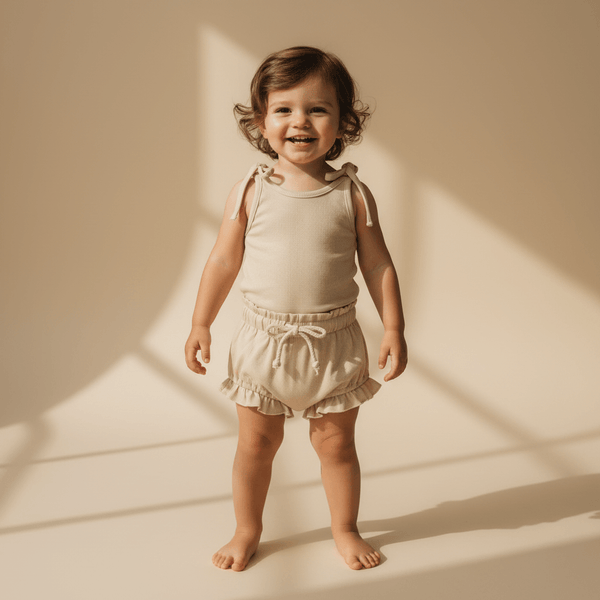 Smiling toddler in organic ribbed baby outfit with ruffled shorts and tie straps