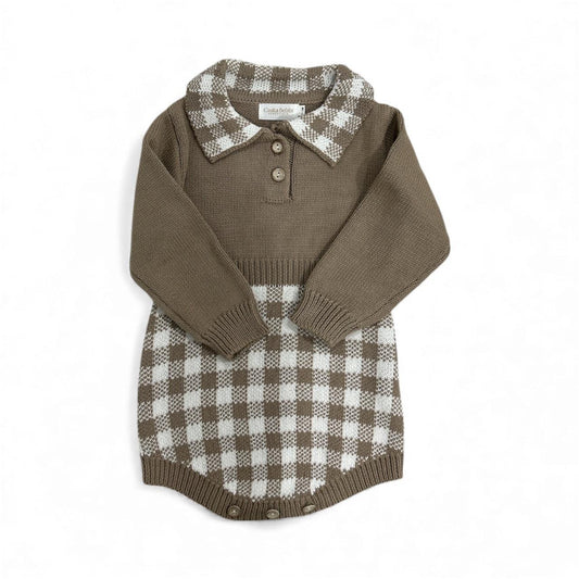 Organic dusty brown knitted baby romper with checked collar and bottom, certified organic baby clothing.