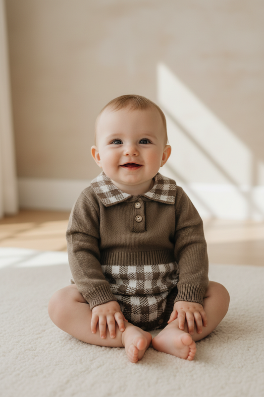 Baby wearing organic dusty brown knitted romper with plaid collar and cuffs, certified organic clothing.