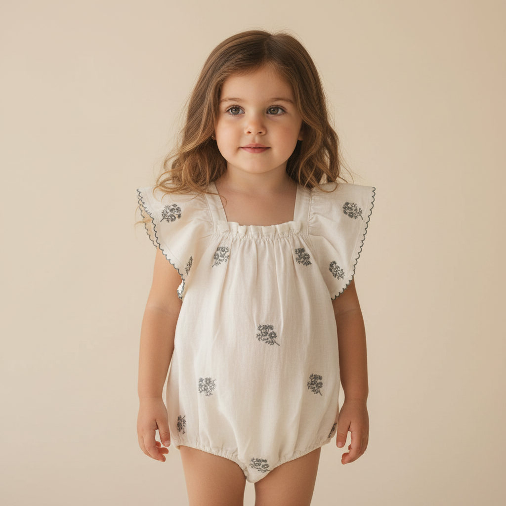 Organic baby romper with flutter sleeves and subtle floral print from Casita Bebes, certified organic.