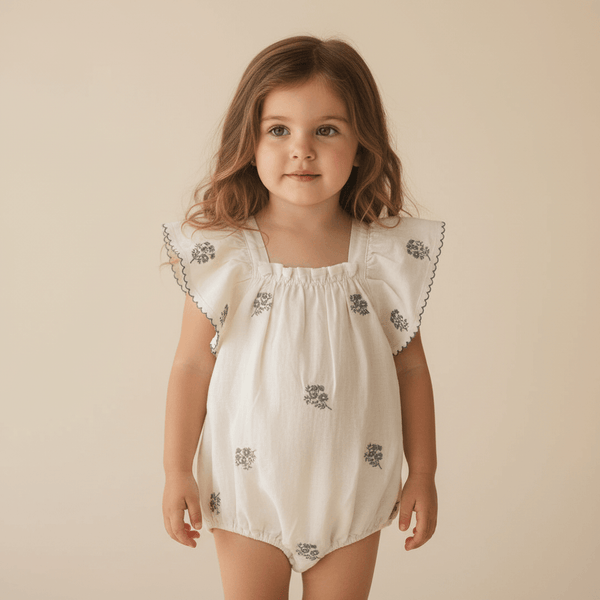 Organic baby romper with floral embroidery and ruffled sleeves for everyday comfort
