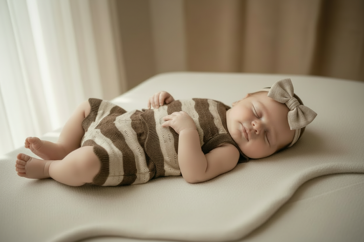 Sleeping baby wearing organic Mamīta Swim Essentials Bottoms with matching headband in soft brown stripes, Casita Bebes.