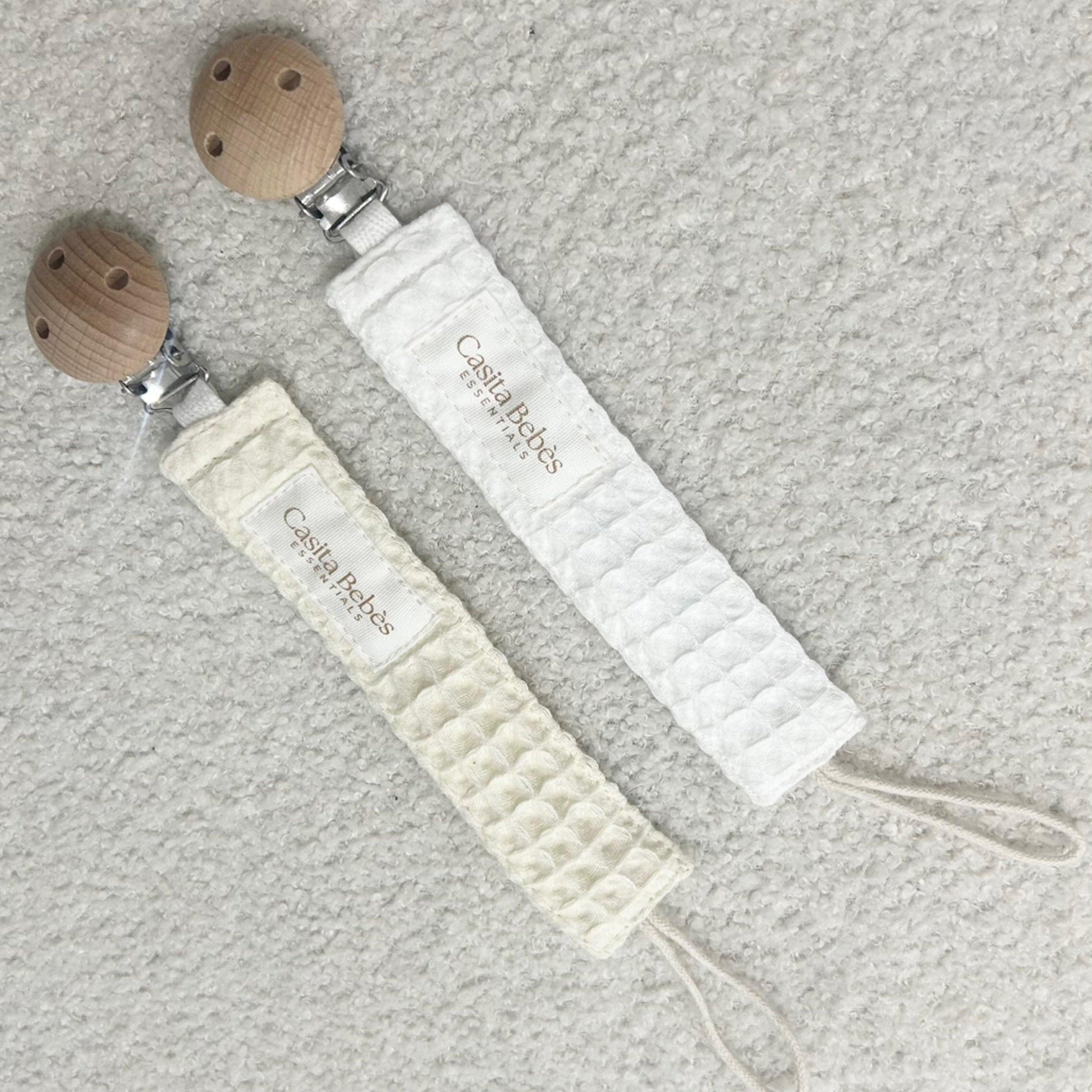 Organic cotton pacifier clips with wooden beads, soft textured straps for baby essentials
