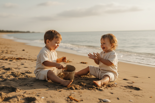 Two toddlers wearing organic Casita Bebes baby clothing playing on the beach, featuring Swim Essentials Lala Pants.