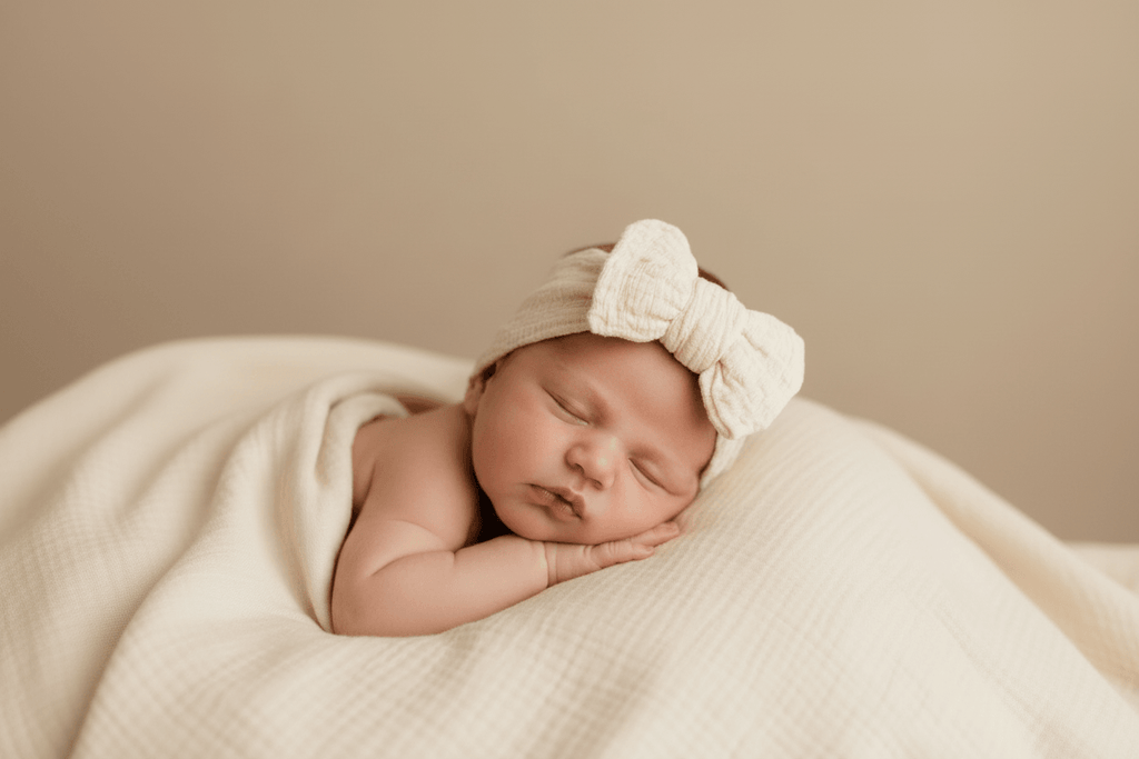 Newborn baby sleeping peacefully wrapped in organic cotton blanket with bow headband