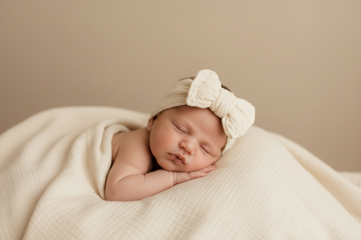 Sleeping baby wearing dusty white textured bow headband in organic certified baby clothing by Casita Bebes.
