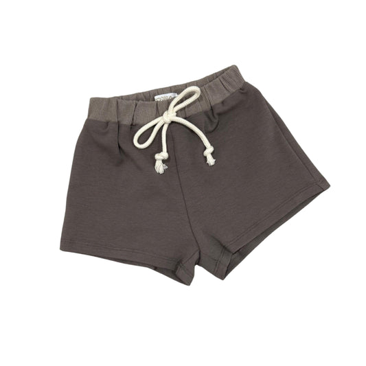Dusty grey organic baby shorts with white drawstring, certified organic cotton baby clothing.