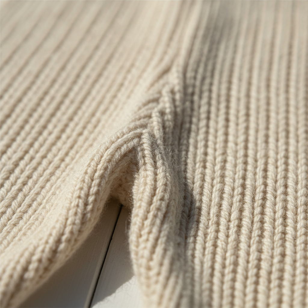Close-up of beige organic knitted baby pants from Mamita Collection showing soft flared fabric texture.
