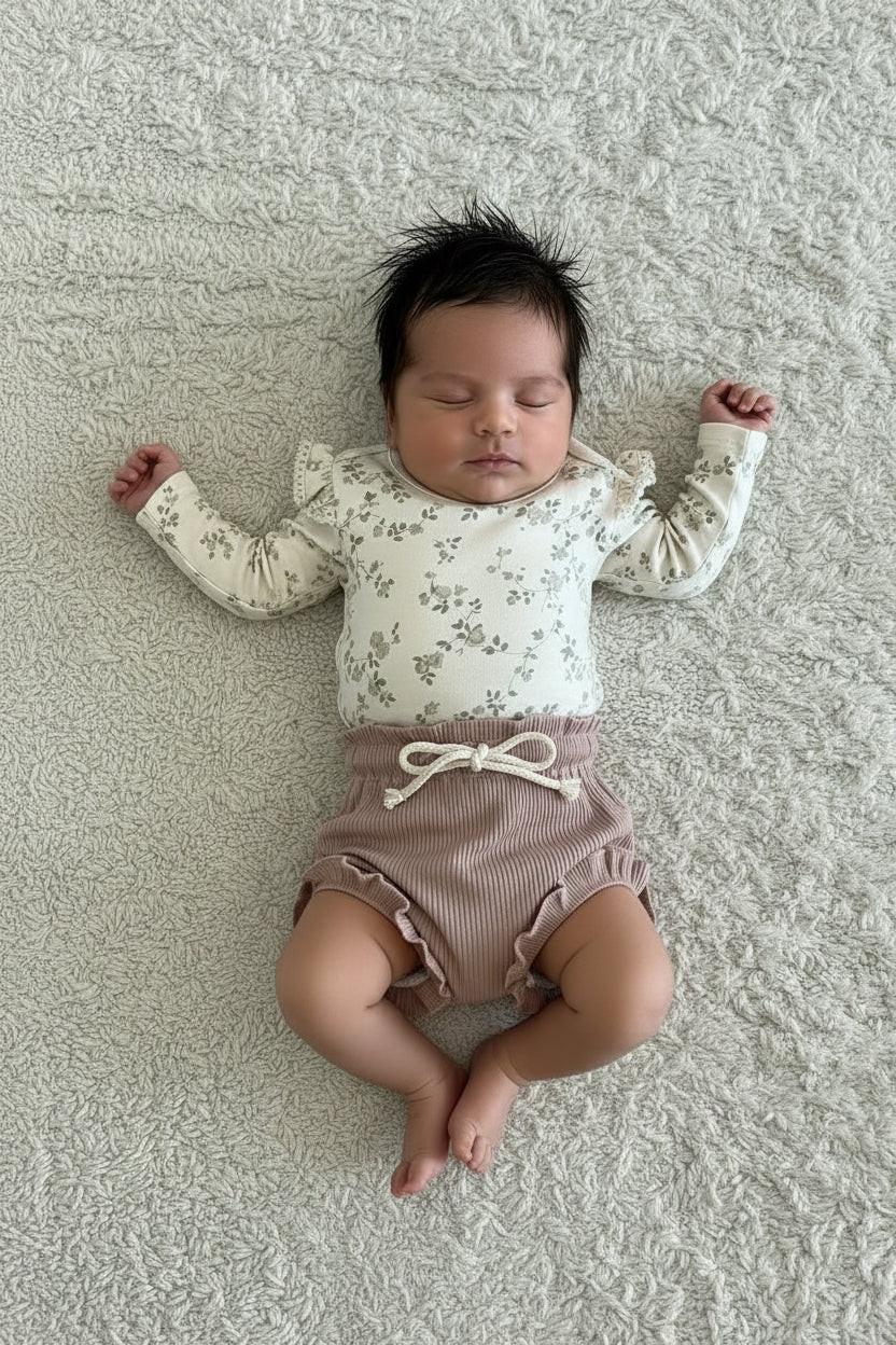 Organic dusty rose baby bloomer on infant wearing floral long-sleeve bodysuit, certified organic baby clothing by Casita.