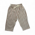 Organic baby pants with brown and cream stripes, elastic waist, and drawstring for comfortable everyday wear.