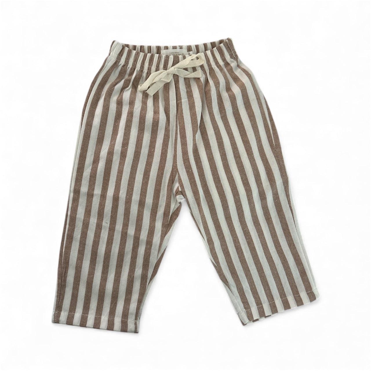 Organic dusty brown striped baby pants with drawstring waist, certified organic baby clothing.