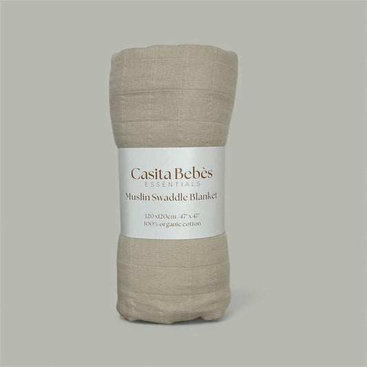 Certified organic muslin swaddle blanket in neutral beige by Casita Bebes.