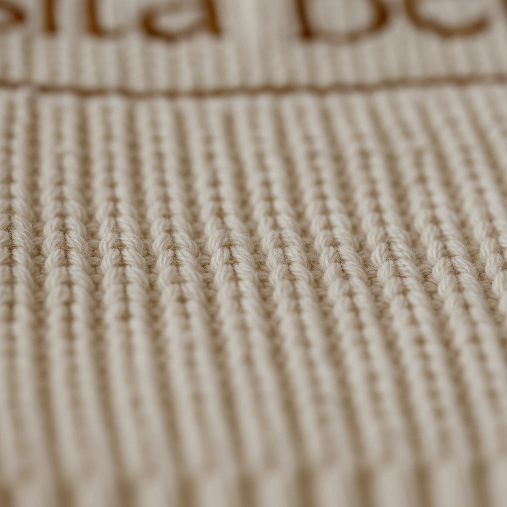 Close-up of beige organic knitted baby clothing fabric with ribbed texture and Casita Bebes lettering.