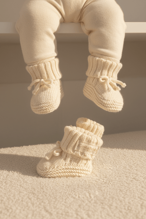 Soft organic baby booties with ribbed cuffs and bows, perfect for newborns and infants