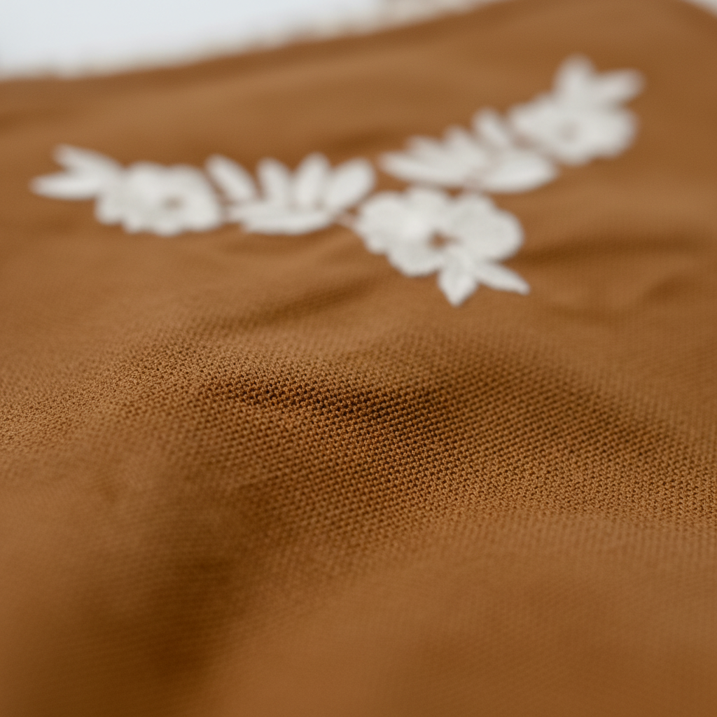 Close-up of organic cotton romper fabric with white floral embroidery, certified organic baby clothing by Casita Bebes.