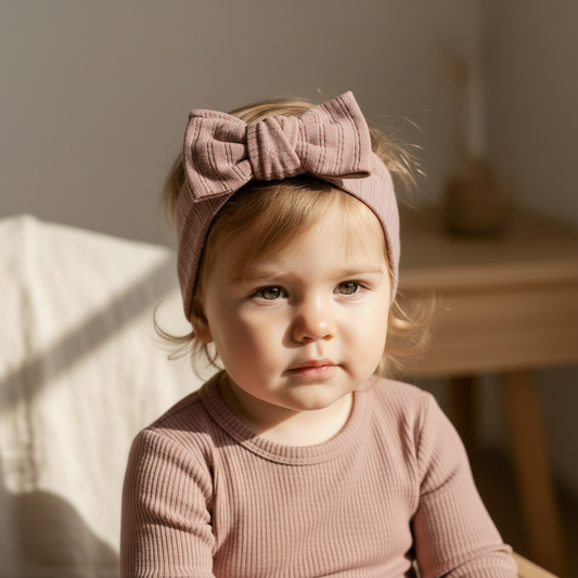 Organic dusty purple linen bow headband on baby wearing matching ribbed baby clothing from Casita Bebes.