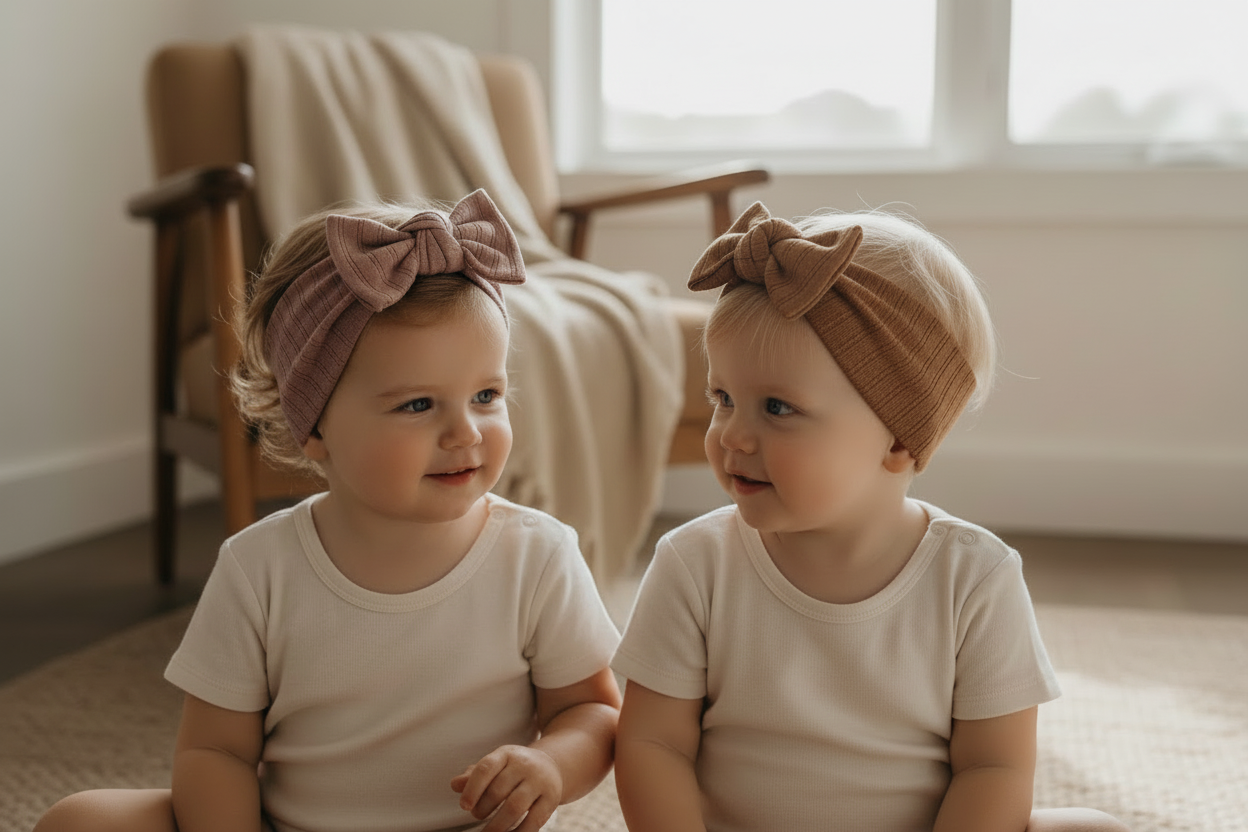 Two babies wearing dusty brown organic linen bow headbands from Casita Bebes Essentials Collection.