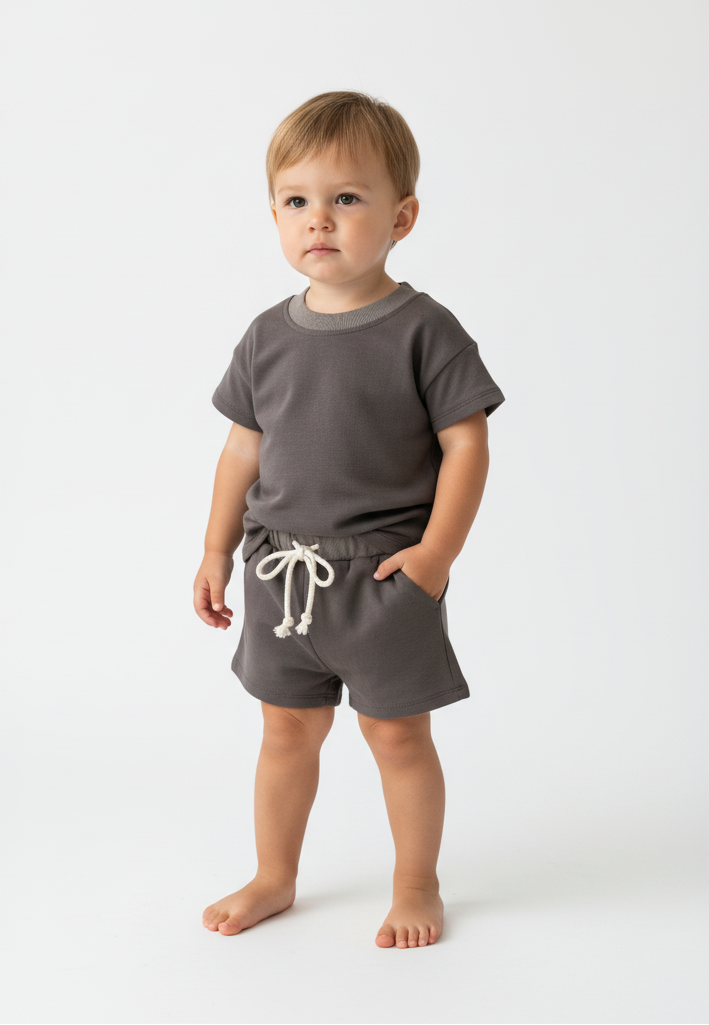 baby toddler standing with grey top and short set  on a white background